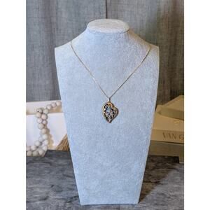 Beautiful Vintage 1980s Two-Tone Owl In Heart Pendant On 20" 14K Gold Box Chain